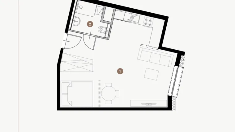 Rzut - Mieszkanie na sprzedaż 1 pokój o powierzchni 37,23 m² - numer II.8.6 w Tuwima Apartments