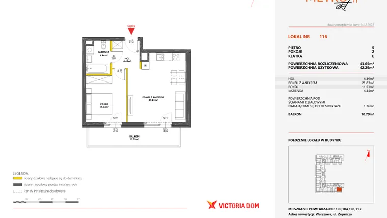 Rzut - Mieszkanie na sprzedaż 2 pokoje o powierzchni 43,65 m² - numer 116 w Metro Art 11