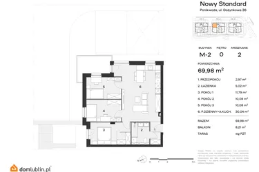Rzut - Mieszkanie na sprzedaż 4 pokoje o powierzchni 69,98 m² - numer M2.0.02 w Nowy Standard