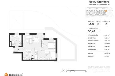 Rzut - Mieszkanie na sprzedaż 3 pokoje o powierzchni 60,49 m² - numer M3.0.03 w Nowy Standard