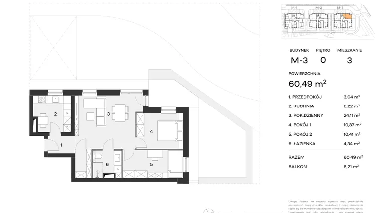 Rzut - Mieszkanie na sprzedaż 3 pokoje o powierzchni 60,49 m² - numer M3.0.03 w Nowy Standard