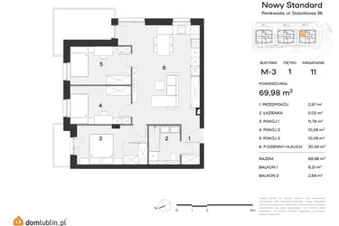 Rzut - Mieszkanie na sprzedaż 4 pokoje o powierzchni 69,98 m² - numer M3.1.11 w Nowy Standard