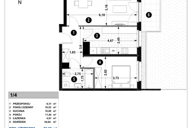 Rzut - Mieszkanie na sprzedaż 2 pokoje o powierzchni 52,64 m² - numer 3A.1/4 w Nowa Winnica