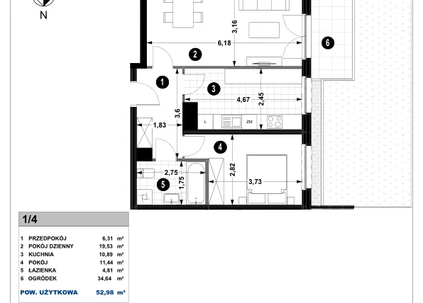 Rzut - Mieszkanie na sprzedaż 2 pokoje o powierzchni 52,64 m² - numer 3A.1/4 w Nowa Winnica