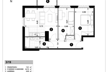 Rzut - Mieszkanie na sprzedaż 3 pokoje o powierzchni 60,65 m² - numer 3A.3/19 w Nowa Winnica