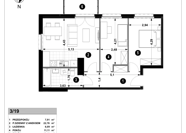 Rzut - Mieszkanie na sprzedaż 3 pokoje o powierzchni 60,65 m² - numer 3A.3/19 w Nowa Winnica