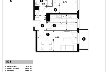 Rzut - Mieszkanie na sprzedaż 2 pokoje o powierzchni 52,96 m² - numer 3A.4/33 w Nowa Winnica
