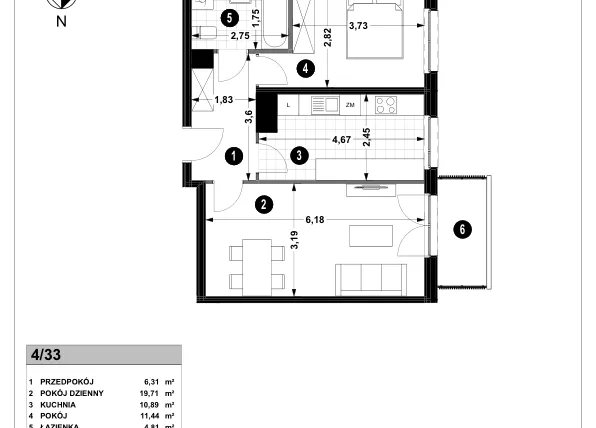 Rzut - Mieszkanie na sprzedaż 2 pokoje o powierzchni 52,96 m² - numer 3A.4/33 w Nowa Winnica
