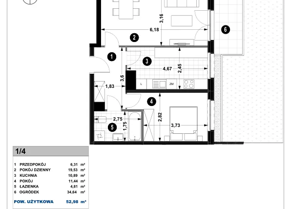 Rzut - Mieszkanie na sprzedaż 2 pokoje o powierzchni 52,64 m² - numer 2A.1/4 w Nowa Winnica