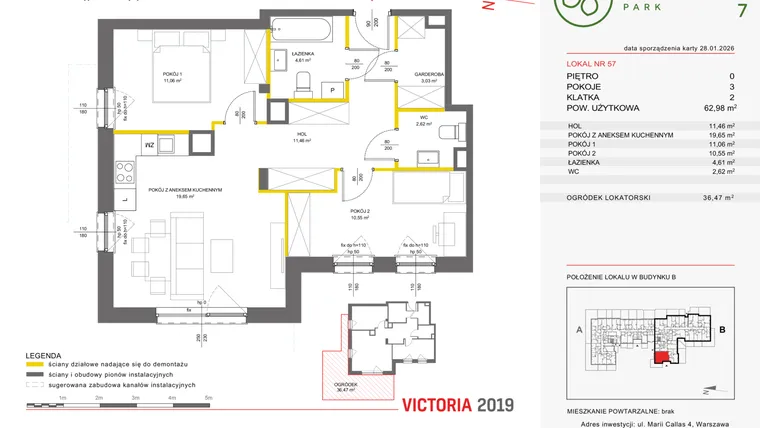 Rzut - Mieszkanie na sprzedaż 3 pokoje o powierzchni 62,96 m² - numer 57 w Olchowy Park VII