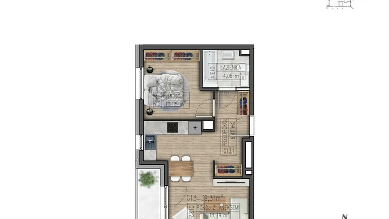 Rzut - Mieszkanie na sprzedaż 2 pokoje o powierzchni 39,31 m² - numer G13 w Osiedle Parkowe