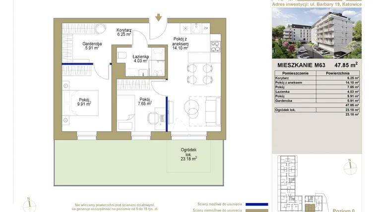 Rzut - Mieszkanie na sprzedaż 3 pokoje o powierzchni 47,85 m² - numer 63 w Barbary 19