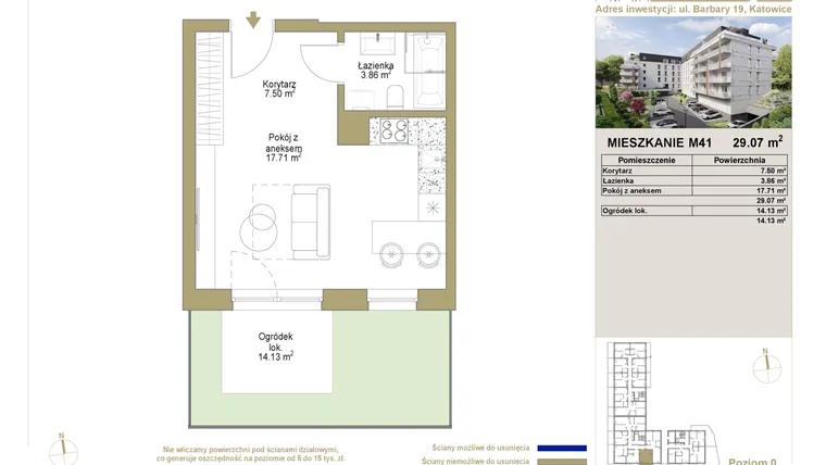 Rzut - Mieszkanie na sprzedaż 1 pokój o powierzchni 29,07 m² - numer 41 w Barbary 19