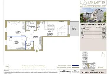 Rzut - Mieszkanie na sprzedaż 3 pokoje o powierzchni 64,01 m² - numer 48 w Barbary 19