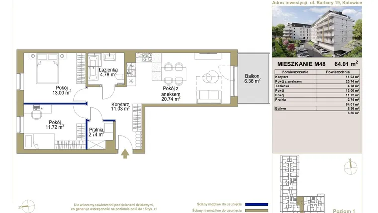 Rzut - Mieszkanie na sprzedaż 3 pokoje o powierzchni 64,01 m² - numer 48 w Barbary 19