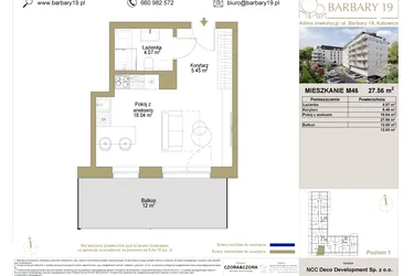Rzut - Mieszkanie na sprzedaż 1 pokój o powierzchni 27,56 m² - numer 46 w Barbary 19