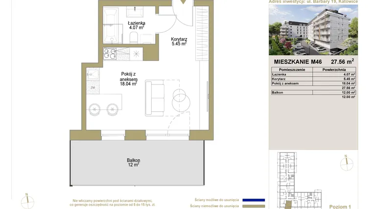 Rzut - Mieszkanie na sprzedaż 1 pokój o powierzchni 27,56 m² - numer 46 w Barbary 19