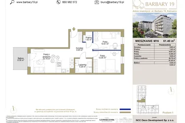 Rzut - Mieszkanie na sprzedaż 3 pokoje o powierzchni 61,4 m² - numer 16 w Barbary 19