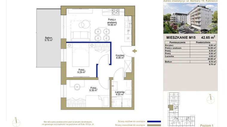 Rzut - Mieszkanie na sprzedaż 3 pokoje o powierzchni 42,65 m² - numer 15 w Barbary 19