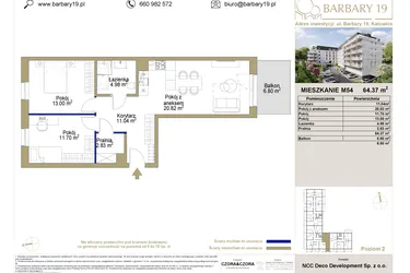 Rzut - Mieszkanie na sprzedaż 3 pokoje o powierzchni 64,37 m² - numer 54 w Barbary 19