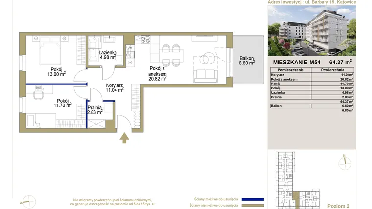 Rzut - Mieszkanie na sprzedaż 3 pokoje o powierzchni 64,37 m² - numer 54 w Barbary 19
