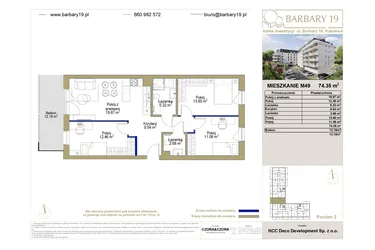 Rzut - Mieszkanie na sprzedaż 4 pokoje o powierzchni 74,35 m² - numer 49 w Barbary 19