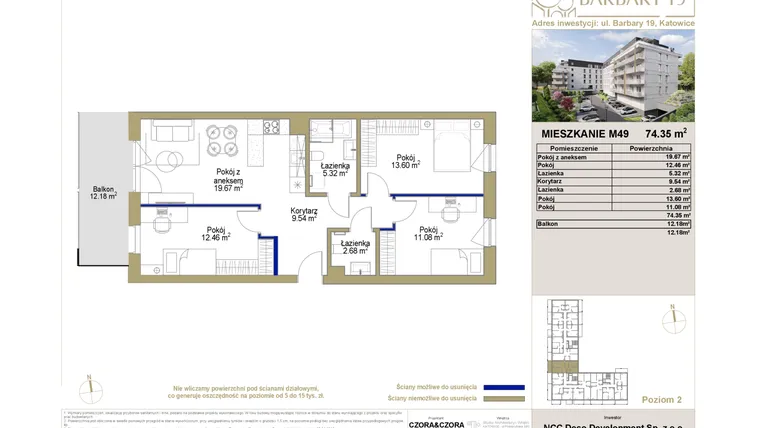 Rzut - Mieszkanie na sprzedaż 4 pokoje o powierzchni 74,35 m² - numer 49 w Barbary 19