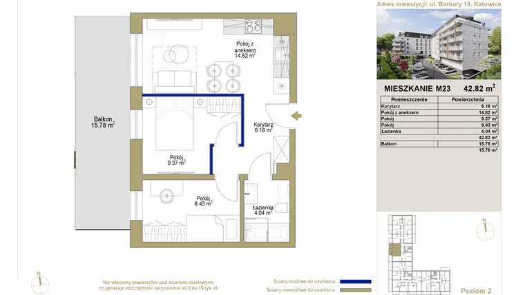 Rzut - Mieszkanie na sprzedaż 3 pokoje o powierzchni 42,82 m² - numer 23 w Barbary 19