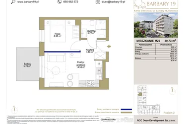 Rzut - Mieszkanie na sprzedaż 2 pokoje o powierzchni 30,73 m² - numer 22 w Barbary 19