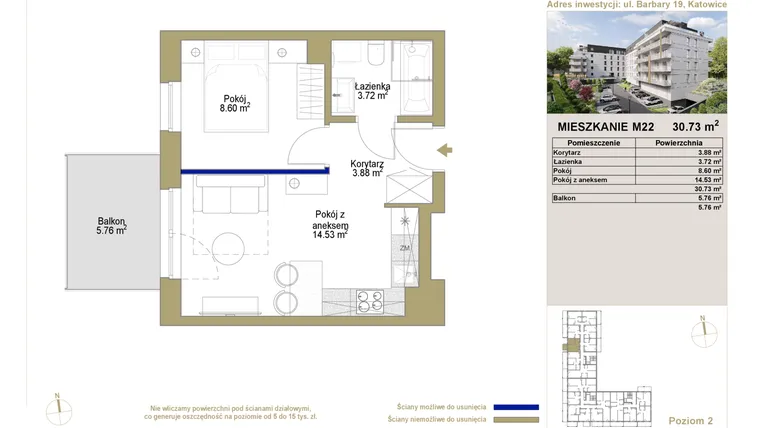 Rzut - Mieszkanie na sprzedaż 2 pokoje o powierzchni 30,73 m² - numer 22 w Barbary 19