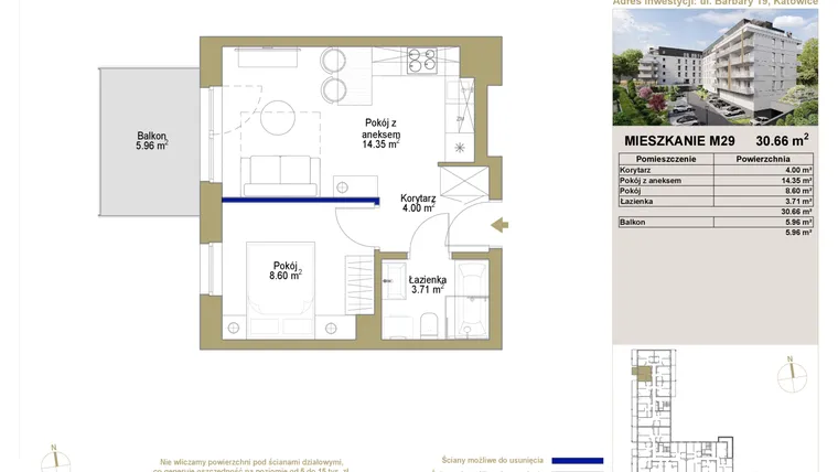 Rzut - Mieszkanie na sprzedaż 2 pokoje o powierzchni 30,66 m² - numer 29 w Barbary 19