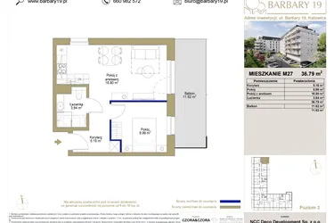 Rzut - Mieszkanie na sprzedaż 2 pokoje o powierzchni 36,79 m² - numer 27 w Barbary 19