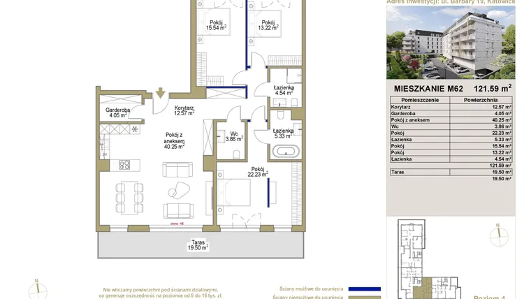 Rzut - Mieszkanie na sprzedaż 4 pokoje o powierzchni 121,59 m² - numer 62 w Barbary 19