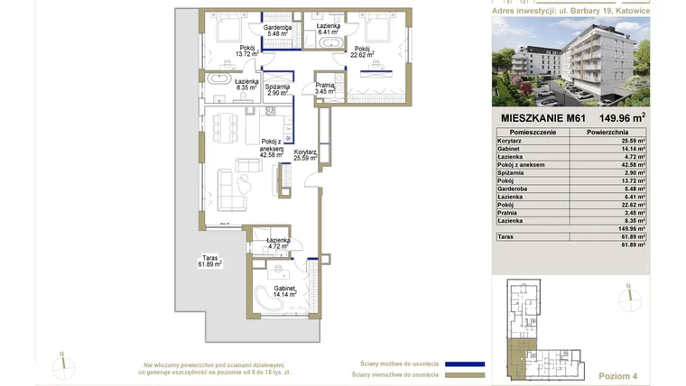 Rzut - Mieszkanie na sprzedaż 4 pokoje o powierzchni 149,96 m² - numer 61 w Barbary 19