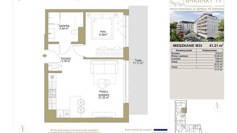 Rzut - Mieszkanie na sprzedaż 2 pokoje o powierzchni 41,21 m² - numer 33 w Barbary 19