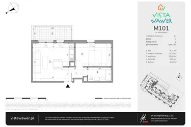 Rzut - Mieszkanie na sprzedaż 2 pokoje o powierzchni 43,47 m² - numer M101 w Vista Wawer