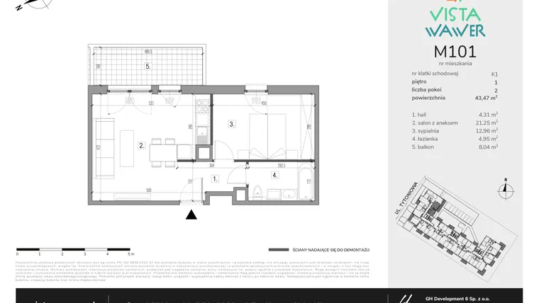 Rzut - Mieszkanie na sprzedaż 2 pokoje o powierzchni 43,47 m² - numer M101 w Vista Wawer