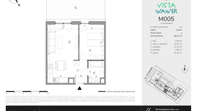 Rzut - Mieszkanie na sprzedaż 2 pokoje o powierzchni 46,31 m² - numer M005 w Vista Wawer