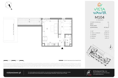 Rzut - Mieszkanie na sprzedaż 2 pokoje o powierzchni 47,24 m² - numer M104 w Vista Wawer