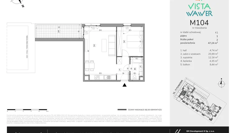 Rzut - Mieszkanie na sprzedaż 2 pokoje o powierzchni 47,24 m² - numer M104 w Vista Wawer