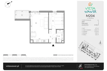 Rzut - Mieszkanie na sprzedaż 2 pokoje o powierzchni 47,39 m² - numer M204 w Vista Wawer