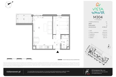 Rzut - Mieszkanie na sprzedaż 2 pokoje o powierzchni 47,5 m² - numer M304 w Vista Wawer
