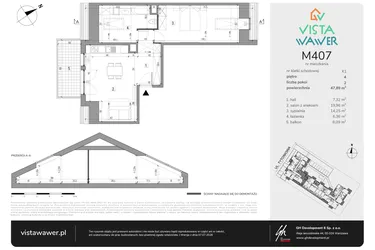 Rzut - Mieszkanie na sprzedaż 2 pokoje o powierzchni 47,89 m² - numer M407 w Vista Wawer