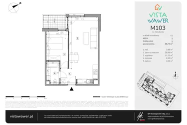 Rzut - Mieszkanie na sprzedaż 2 pokoje o powierzchni 48,73 m² - numer M103 w Vista Wawer