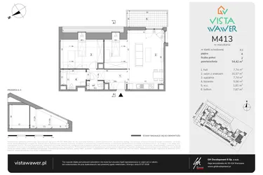Rzut - Mieszkanie na sprzedaż 2 pokoje o powierzchni 54,42 m² - numer M413 w Vista Wawer