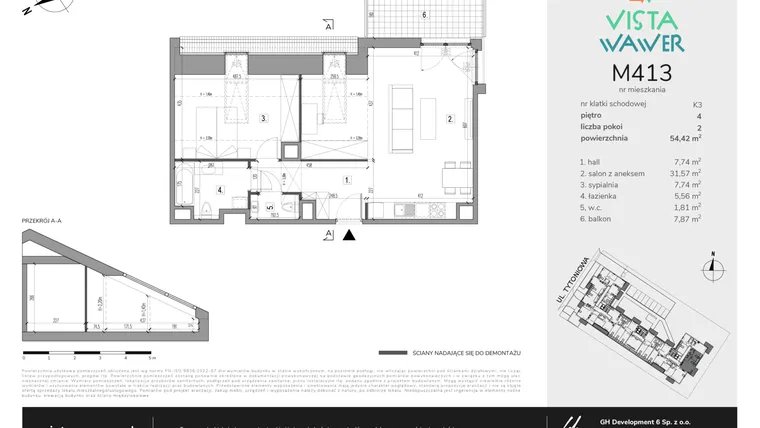 Rzut - Mieszkanie na sprzedaż 2 pokoje o powierzchni 54,42 m² - numer M413 w Vista Wawer