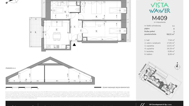 Rzut - Mieszkanie na sprzedaż 3 pokoje o powierzchni 58,51 m² - numer M409 w Vista Wawer