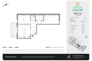 Rzut - Mieszkanie na sprzedaż 3 pokoje o powierzchni 60,68 m² - numer M212 w Vista Wawer