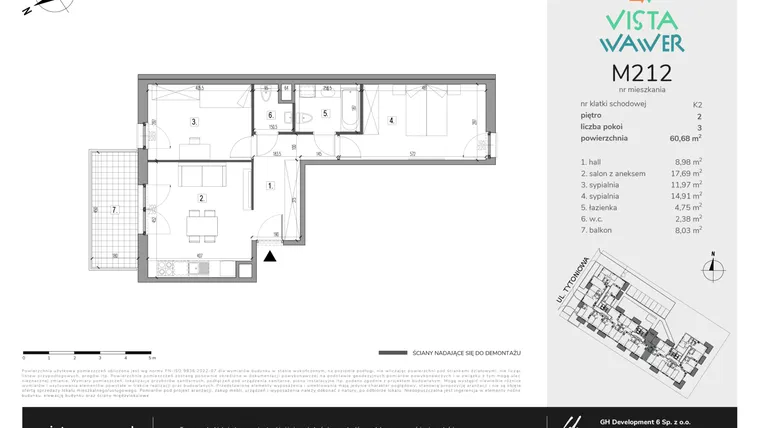Rzut - Mieszkanie na sprzedaż 3 pokoje o powierzchni 60,68 m² - numer M212 w Vista Wawer