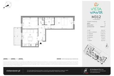 Rzut - Mieszkanie na sprzedaż 3 pokoje o powierzchni 60,92 m² - numer M312 w Vista Wawer
